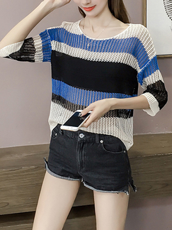 Blue and Colorful Round Neck Plus Size Loose Stripe Contrast Knitted Cutout Top for Casual