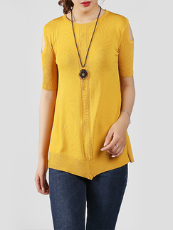 Yellow Round Neck Off-Shoulder Ribbed Asymmetrical Hem Knitted Twist Pattern Top for Casual Party Office