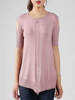 Pink Round Neck Off-Shoulder Ribbed Asymmetrical Hem Knitted Twist Pattern Top for Casual Party Office