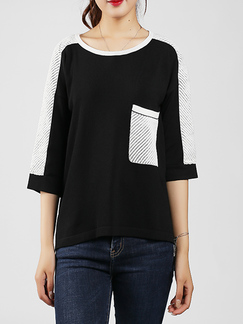 Black and White Round Neck Loose Linking Contrast Pocket Knitted Asymmetrical Hem Top for Casual