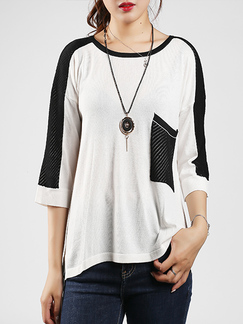 White and Black Round Neck Loose Linking Contrast Pocket Knitted Asymmetrical Hem Top for Casual Sporty