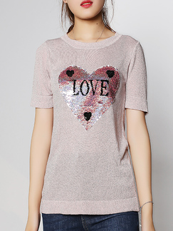 Pink Round Neck Slim Shiner Sequins Knitted Tee Top for Casual