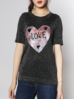 Black and Pink Round Neck Slim Shiner Sequins Knitted Tee Top for Casual