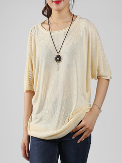 Beige Round Neck Plus Size Bat Loose Cutout Knitted Blouse Top for Casual Party
