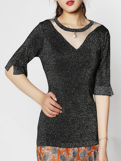 Black Round Neck Slim Mesh Shiner Linking Knitted Top for Casual Party Office Evening