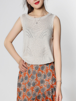 Light Gray Round Neck Tight Figured Knitted Shiner Top for Casual