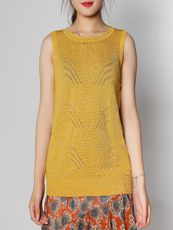 Yellow Round Neck Tight Figured Knitted Shiner Top for Casual