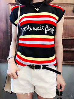 Black and Colorful Round Neck Knitted Stripe Contrast Printed Letter Top for Casual Party Sporty
