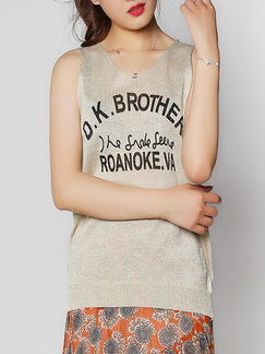 Light Beige V Neck Tight Printed Letter Knitted Shiner Top for Casual