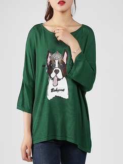 Green Plus Size Round Neck Bat Loose Knitted Cartoon pattern Top for Casual