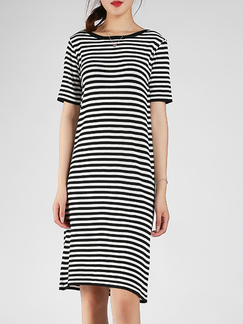 Black and White Round Neck Slim Open Back Stripe Knitted Contrast Shift Above Knee Dress for Casual Party Sporty