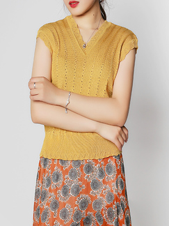 Yellow V Neck Slim Cutout Stripe Figured Knitted Blouse Top for Casual Party Office