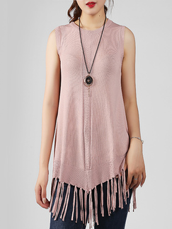 Pink Round Neck Knitted Asymmetrical Hem Tassels Figured Top for Casual Party