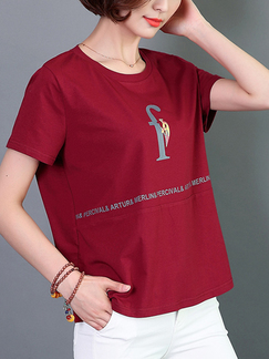 Wine Red Plus Size Loose Round Neck Linking Printed Letter Tee Top for Casual Party