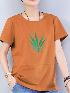 Orange and Green Plus Size Loose Round Neck Linking Printed Tee Top for Casual
