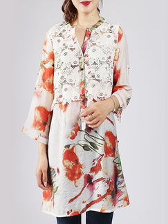 White and Colorful Stand Collar Placket Front Loose Lace Linking Buckled Printed Top for Casual
