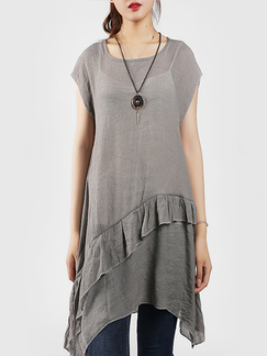 Grey Round Neck Linking Ruffled Asymmetrical Hem Top for Casual Party Office