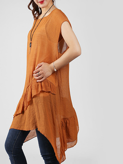 Brown Round Neck Linking Ruffled Asymmetrical Hem Top for Casual Party Office