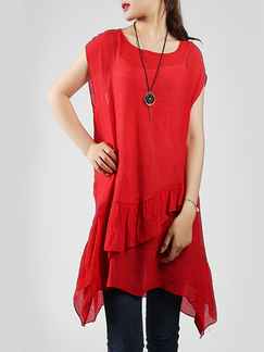Red Round Neck Linking Ruffled Asymmetrical Hem Top for Casual Party Office