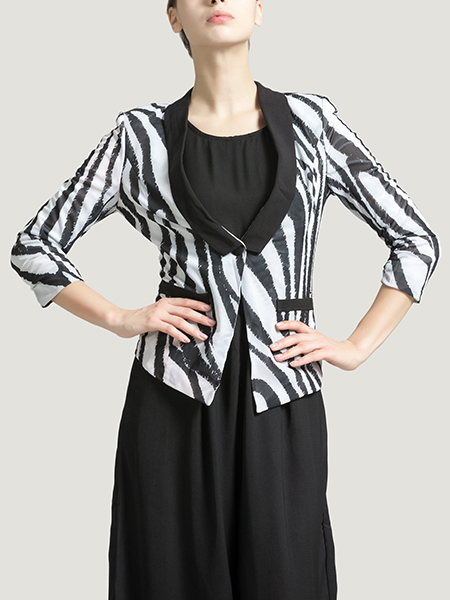Black and White  V Neck Slim Suit Contrast Irregular Zebra Fake Pocket Top for Casual Party Evening Office