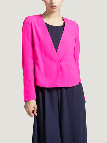 Rose Red V Neck Suit Pocket Cardigan Zipped Chiffon Linking Long Sleeves Top for Casual Party Evening Office
