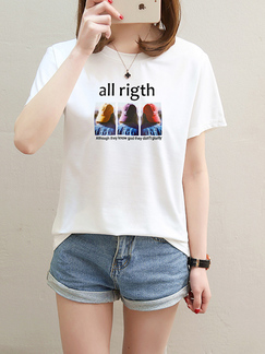 White Round Neck Printed Tee Top for Casual