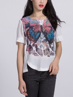 White Colorful Blouse Printed Round Neck Top for Casual Party Office