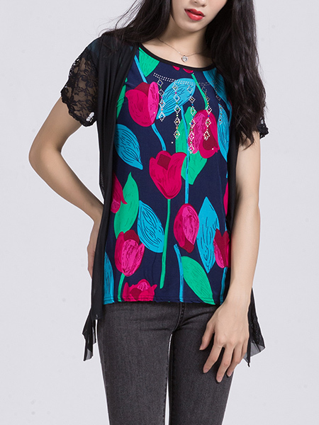Colorful Blouse Lace Printed Round Neck Top for Casual Party Office