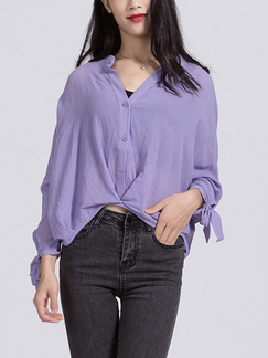 Violet Blouse Round Neck Button Down Plus Size Long Sleeve Top for Casual Office Party