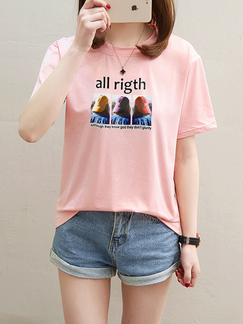 Pink Printed Tee Round Neck Top for Casual Office Party