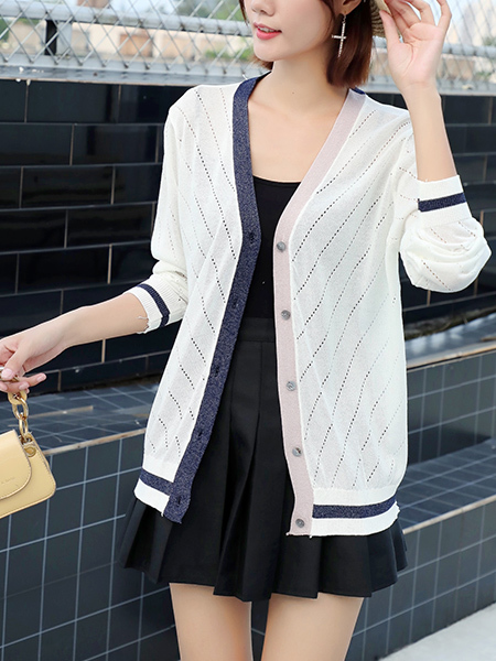 White Button Down Long Sleeves Cardigan for Casual