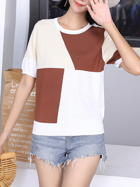 White and Brown Round Neck Tee Top for Casual Party