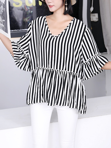 Black and White V Neck Loose Top for Casual