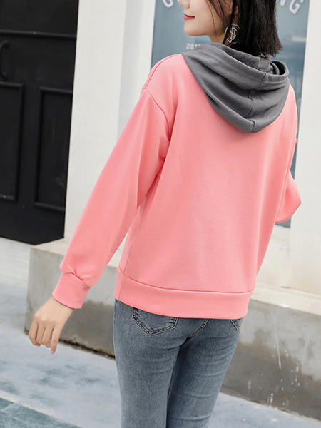 Pink Long Sleeve Drawstring Hoodie for Casual