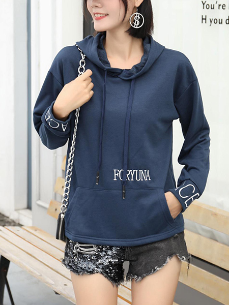 Blue Long Sleeve Drawstring Hoodie for Casual