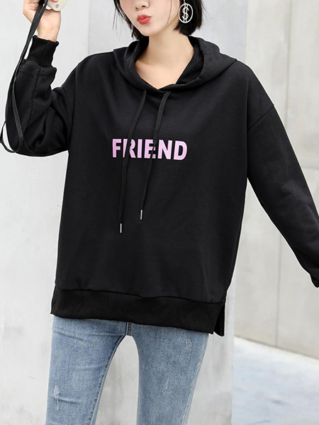 Black Long Sleeve Drawstring Hoodie for Casual