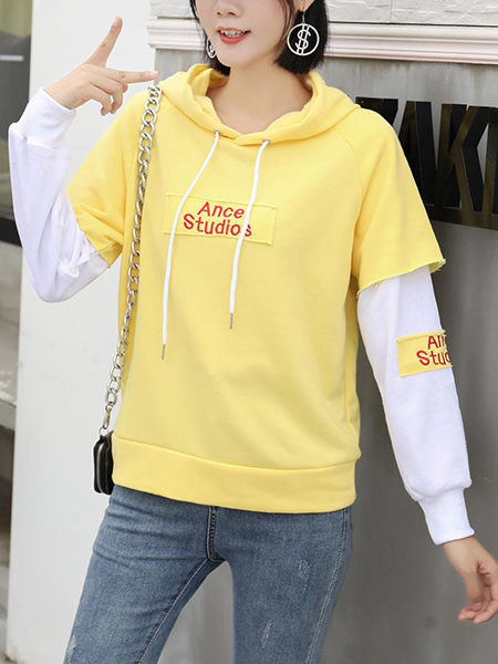 Yellow and White Long Sleeve Drawstring Hoodie for Casual