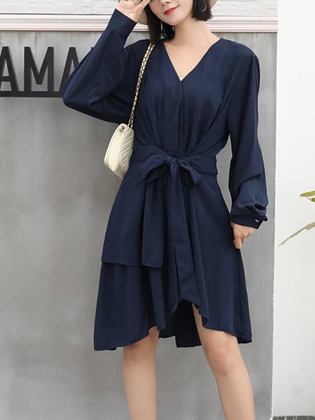 Blue V Neck Long Sleeve Knee Length Top for Casual Office