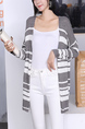 Gray and White Long Sleeve Knitted Striped Cardigan for Casual Office