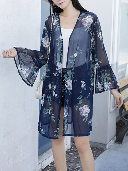 Blue Floral Long Sleeve Cardigan for Casual Office