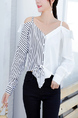 White and Black Plus Size Loose Asymmetrical Hem Single-Breasted Off-Shoulder Blouse Long Sleeve Top for Casual Office Party