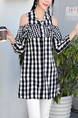 Black and White Lapel Single-Breasted Grid Off-Shoulder Ruffled Blouse Top for Casual Party Office