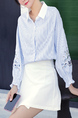 Light Blue and White Lapel Stripe Embroidery Single-Breasted Cardigan Lantern Long Sleeve Top for Casual Party Office