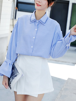 Light Blue Plus Size Loose Collared Embroidery Cardigan Single-Breasted Long Sleeve Top for Casual Party Office