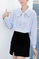 Light Blue and White Loose Placket Front Butterfly Knot Stripe Lantern Long Sleeve Blouse Top for Casual Party Office