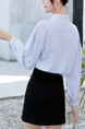 Light Blue and White Loose Placket Front Butterfly Knot Stripe Lantern Long Sleeve Blouse Top for Casual Party Office