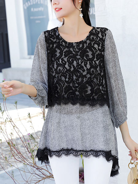 Black and Grey Round Neck Lace Long Sleeve Blouse Top for Casual Party Office
