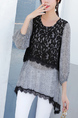 Black and Grey Round Neck Lace Long Sleeve Blouse Top for Casual Party Office