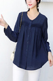 Navy Blue Loose V Neck Pleat Cardigan Single-Breasted Long Sleeve Blouse Top for Casual Party Office