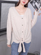 Beige Knitted Button Down Long Sleeve Top for Casual Party Office